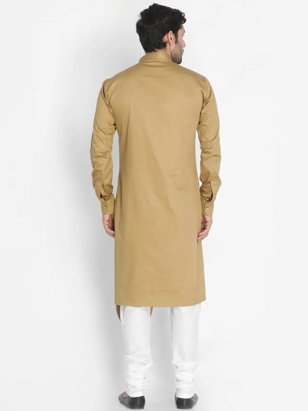 Jashvi Men's Beige Cotton Silk Blend Kurta and Churidar Set