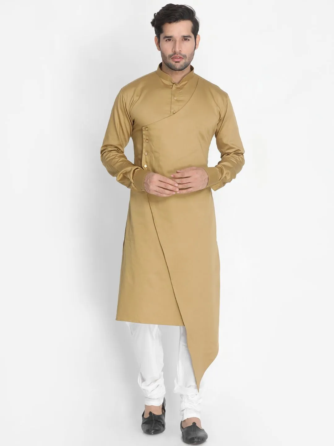 Jashvi Men's Beige Cotton Silk Blend Kurta and Churidar Set