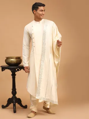 Jashvi Men's Cream Pleated Kurta And Churidar Set With Cream Vertical Mirror Dupatta