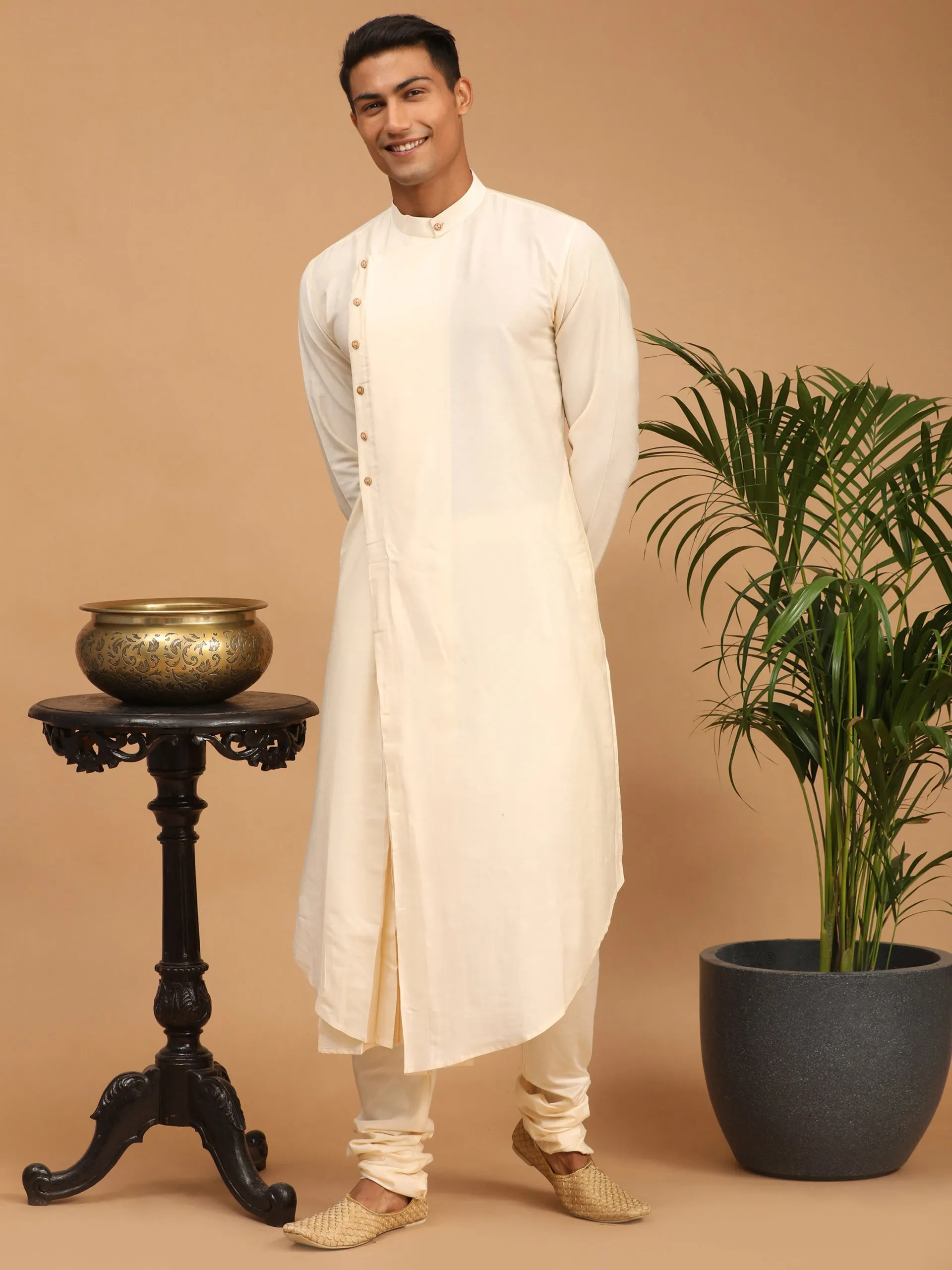 Jashvi Men's Cream Pleated Kurta And Churidar Set With Cream Vertical Mirror Dupatta