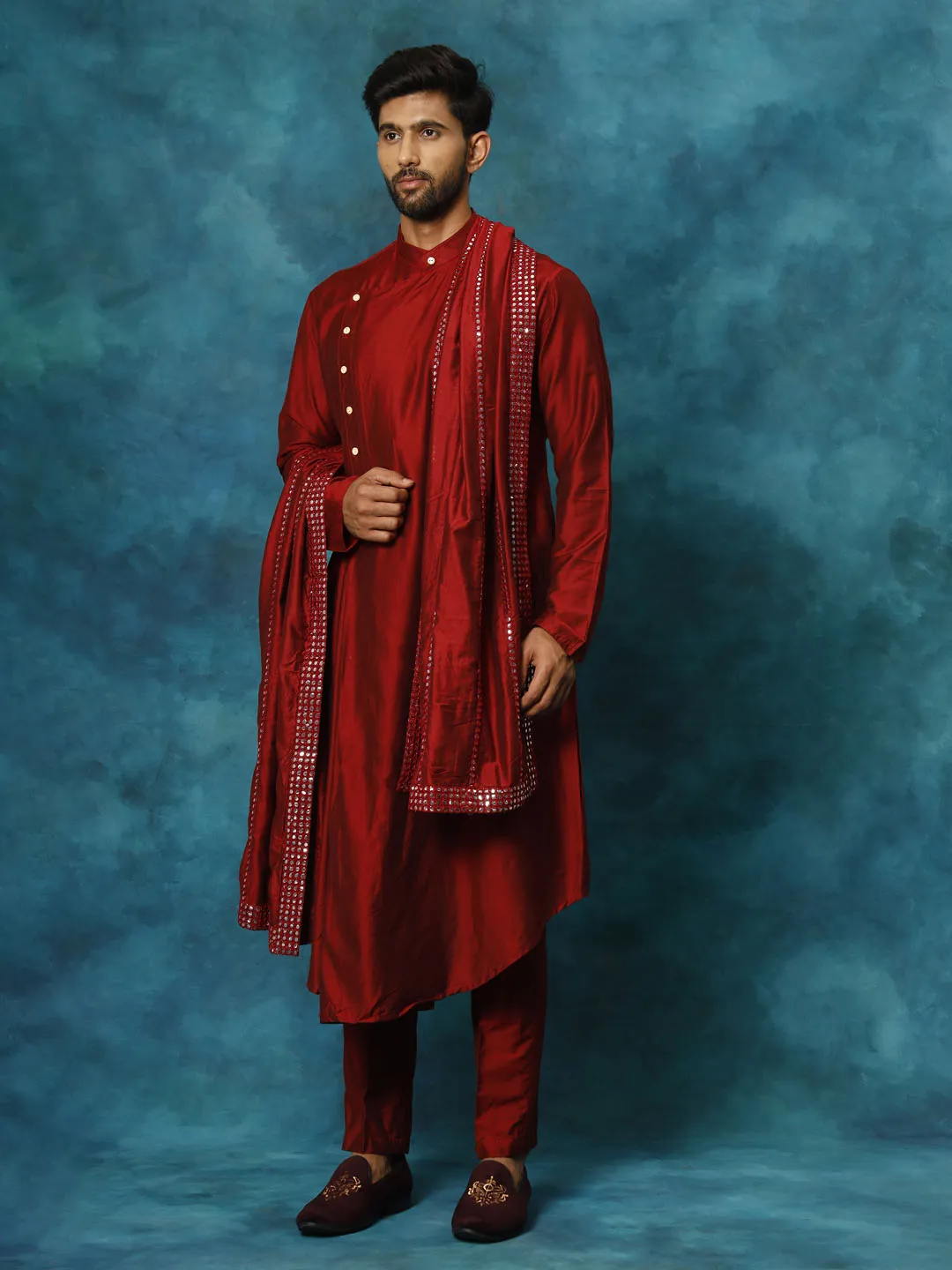 Jashvi Men's Maroon Pleated Kurta Pant With Dupatta Set