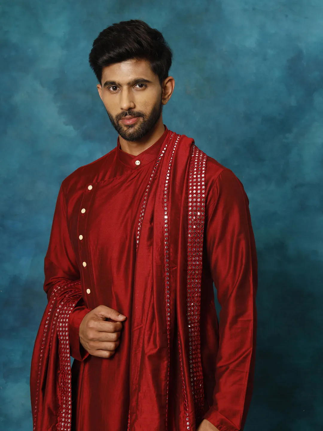 Jashvi Men's Maroon Pleated Kurta Pant With Dupatta Set