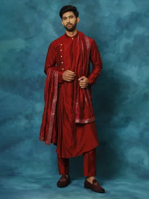 Jashvi Men's Maroon Pleated Kurta Pant With Dupatta Set