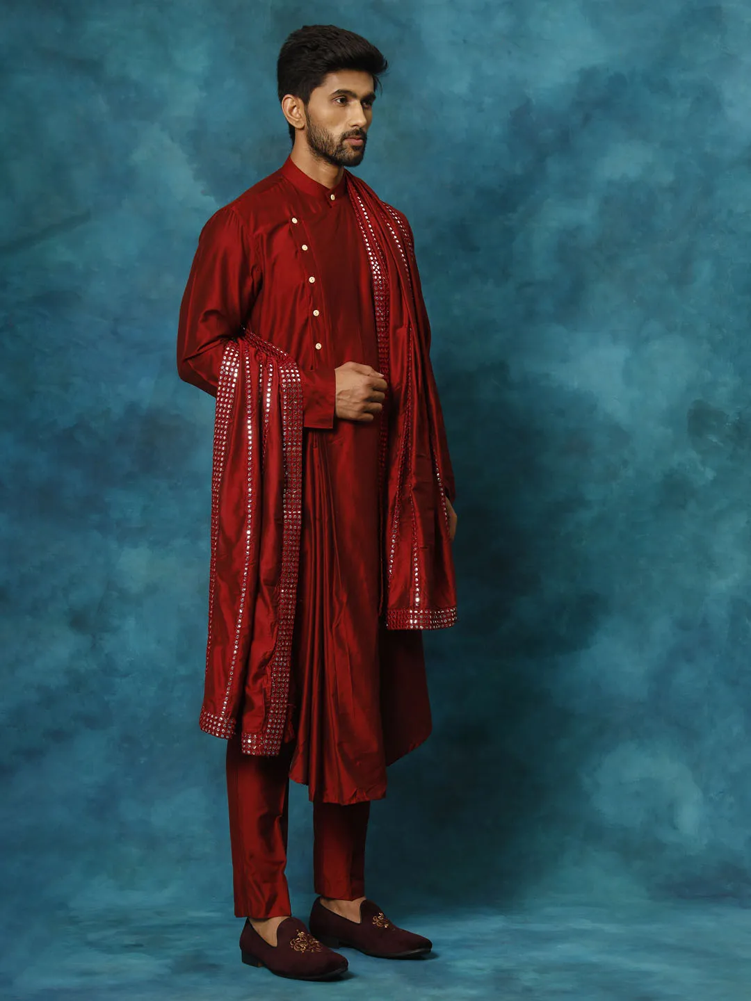 Jashvi Men's Maroon Pleated Kurta Pant With Dupatta Set