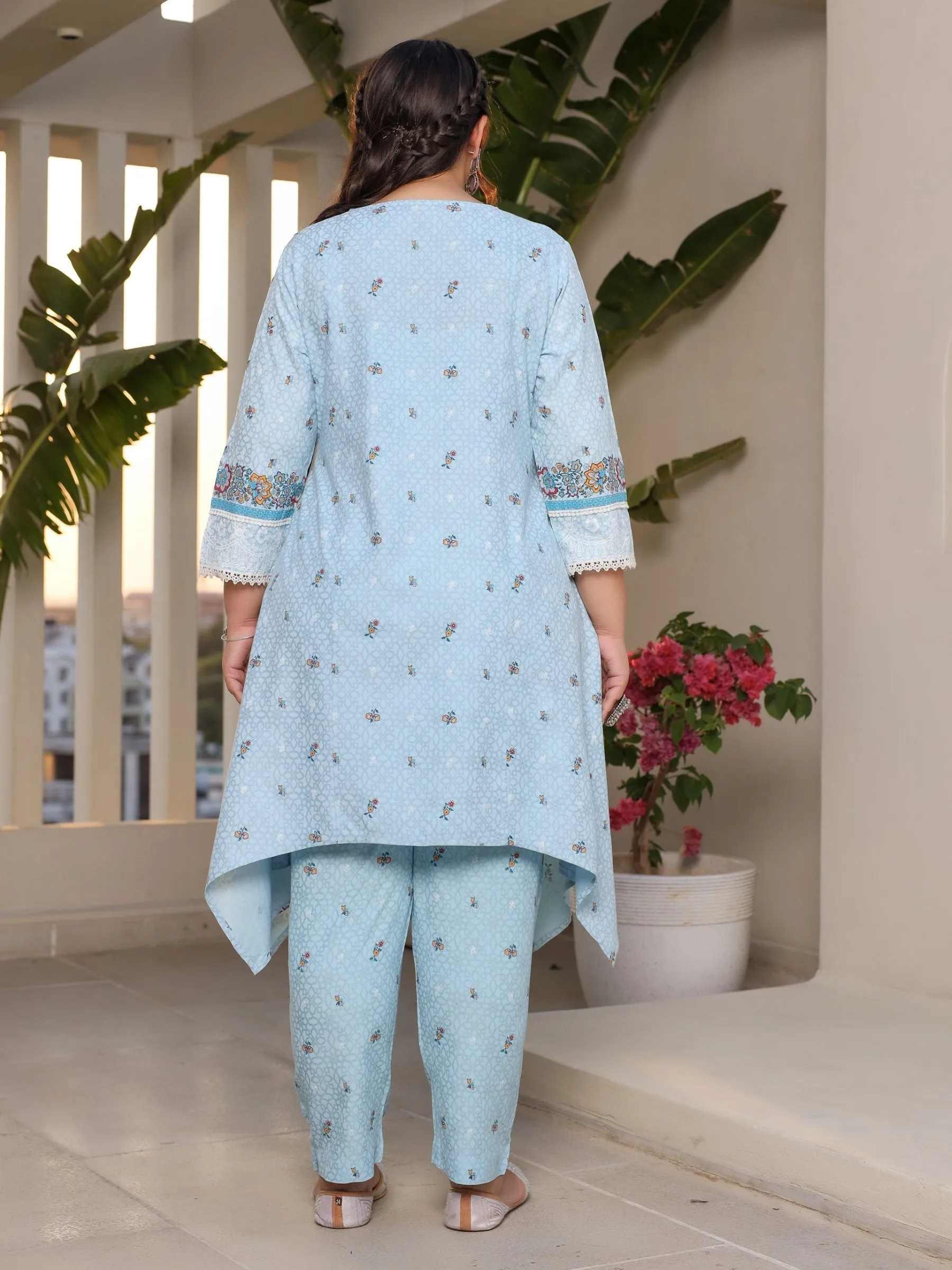 Jashvi Rayon Sky Blue Floral Printed A-Line Asymmetric Plus Size Kurta Set With Contrast 3D Work (2-Pcs)