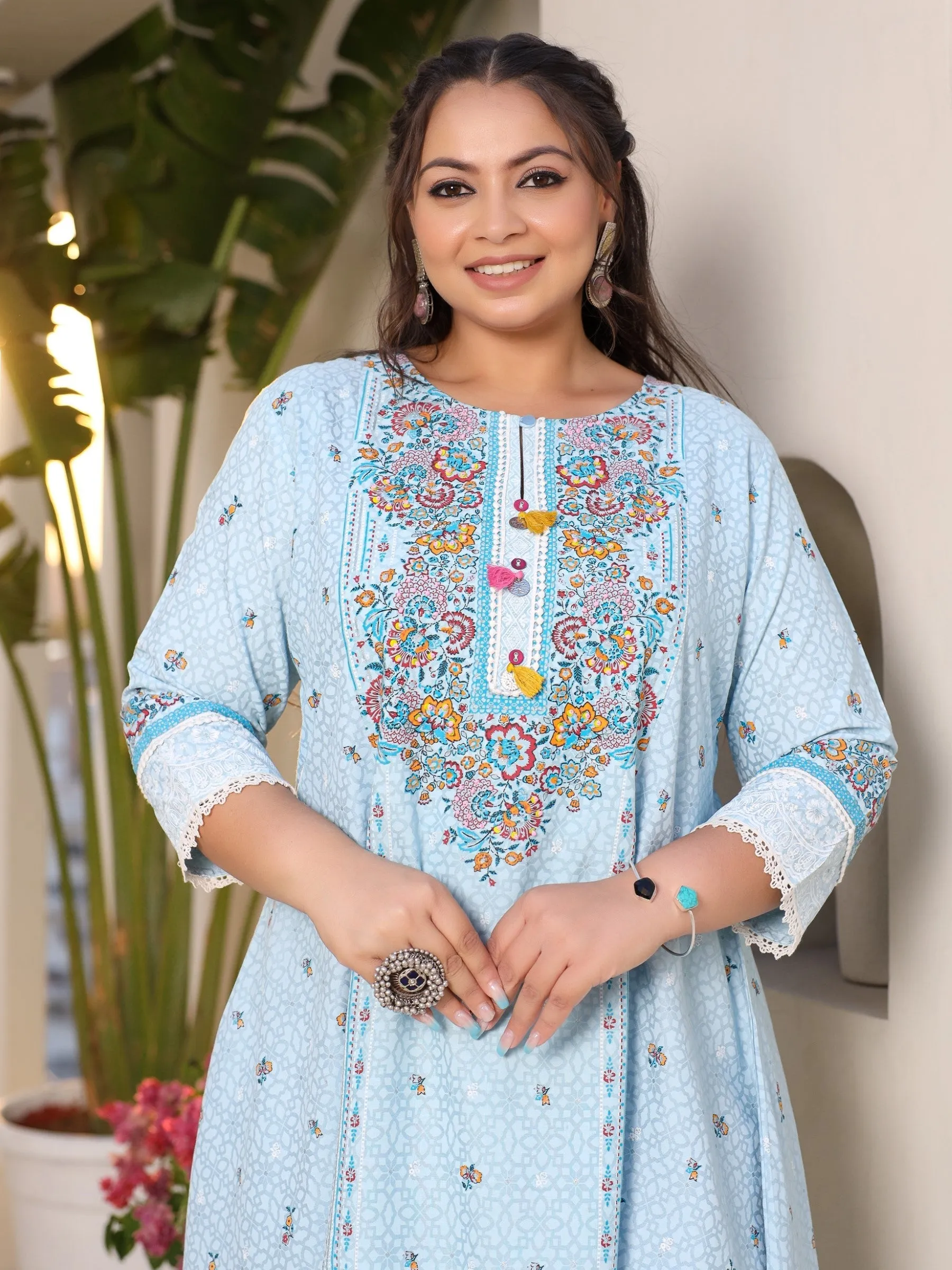 Jashvi Rayon Sky Blue Floral Printed A-Line Asymmetric Plus Size Kurta Set With Contrast 3D Work (2-Pcs)