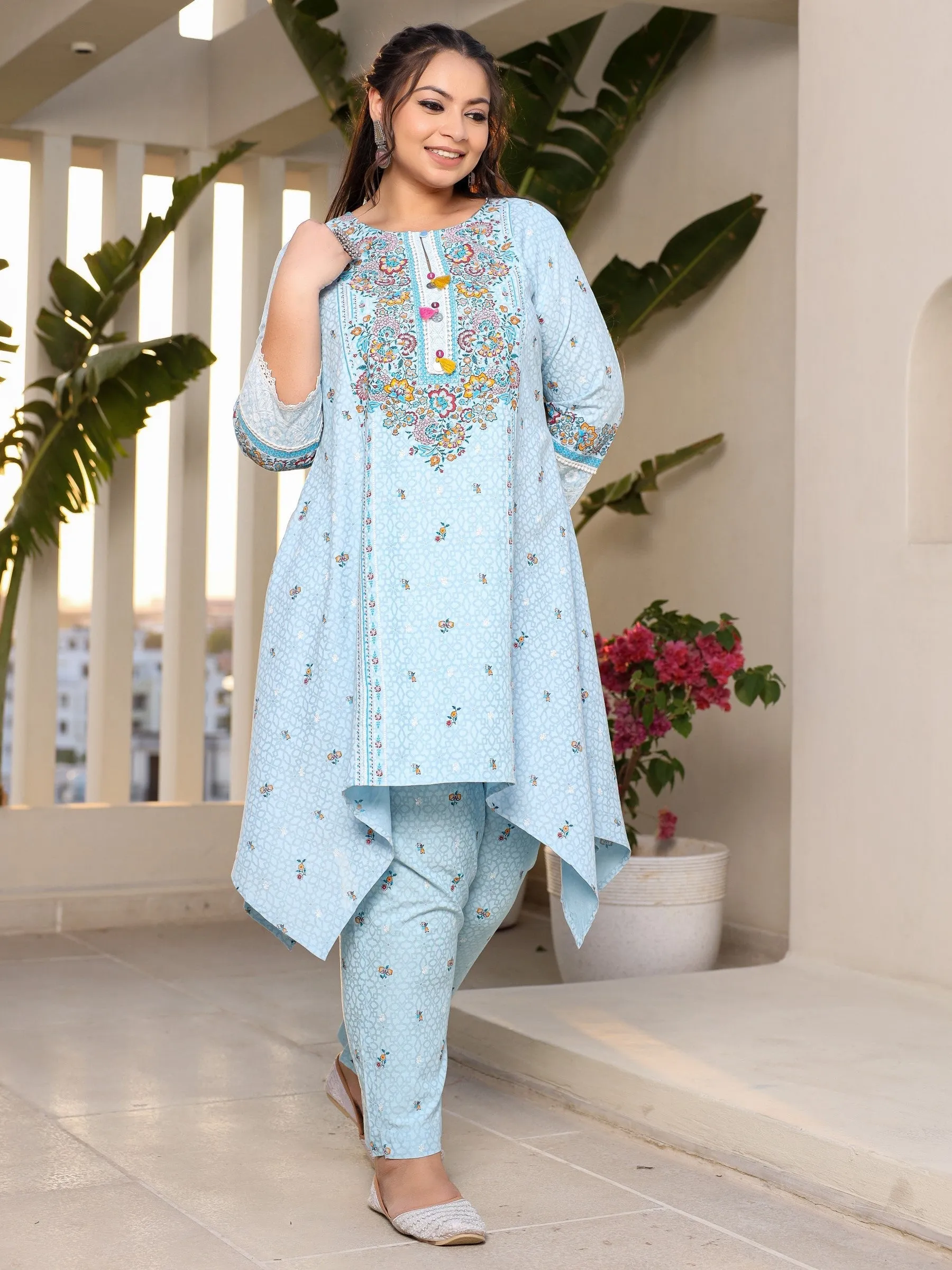 Jashvi Rayon Sky Blue Floral Printed A-Line Asymmetric Plus Size Kurta Set With Contrast 3D Work (2-Pcs)