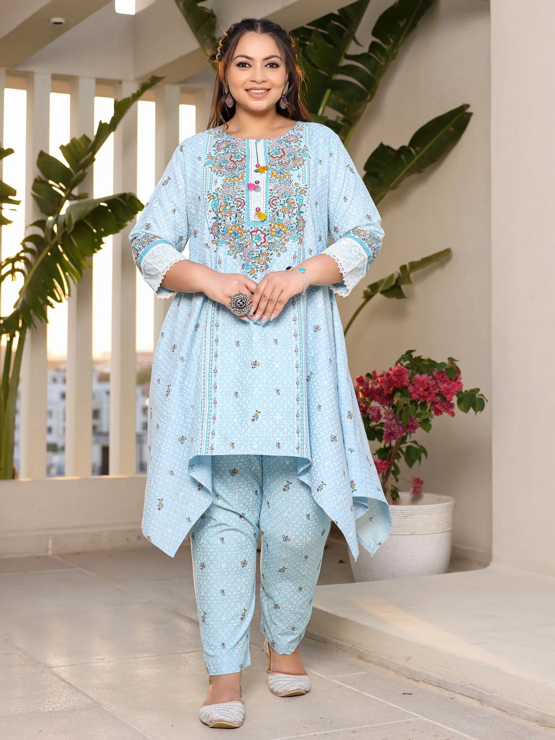 Jashvi Rayon Sky Blue Floral Printed A-Line Asymmetric Plus Size Kurta Set With Contrast 3D Work (2-Pcs)