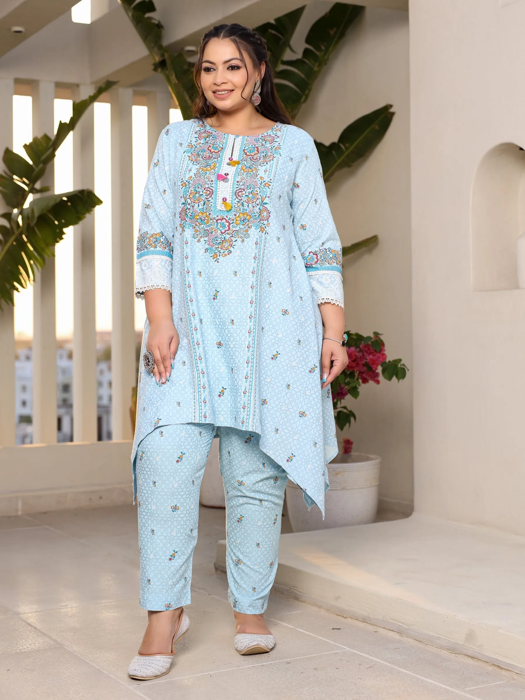 Jashvi Rayon Sky Blue Floral Printed A-Line Asymmetric Plus Size Kurta Set With Contrast 3D Work (2-Pcs)