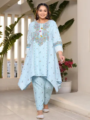 Jashvi Rayon Sky Blue Floral Printed A-Line Asymmetric Plus Size Kurta Set With Contrast 3D Work (2-Pcs)