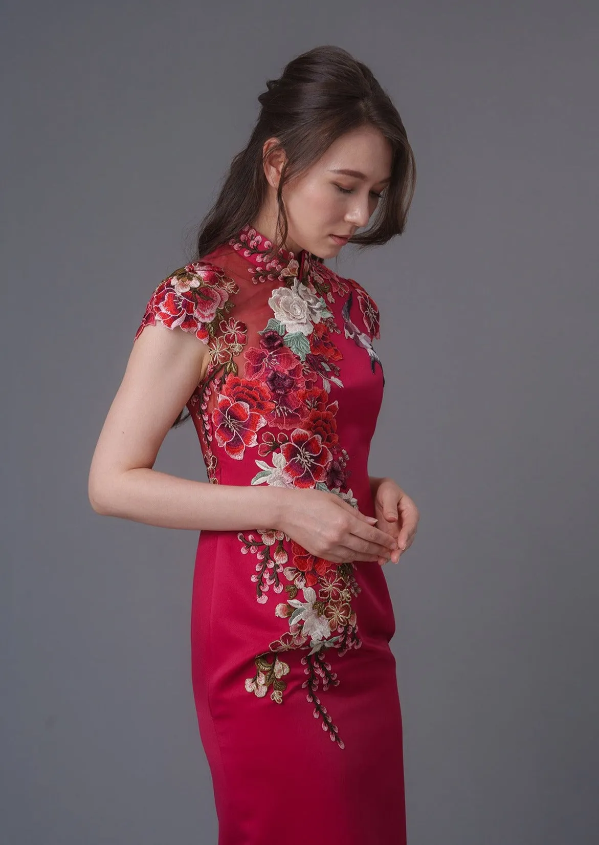 Juliet Rose Cap Sleeves Qipao Gown - RTW