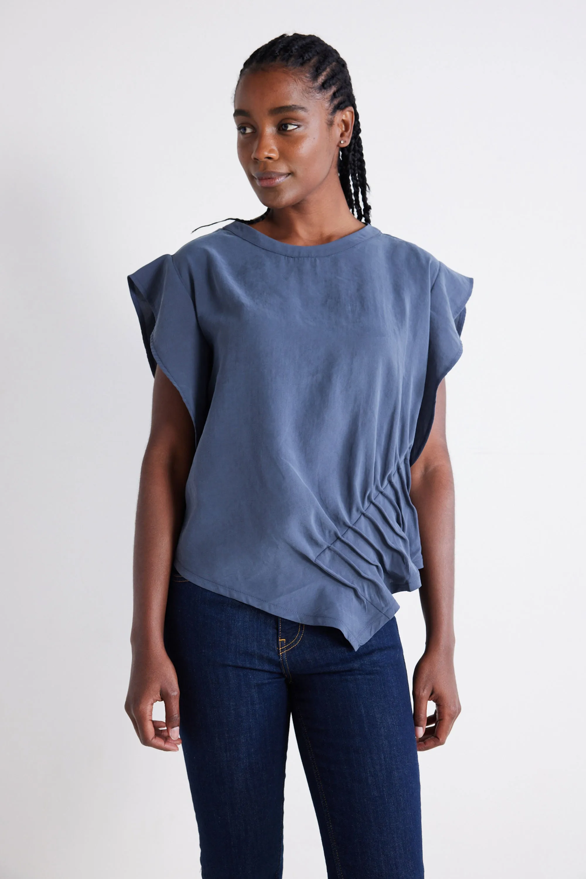 Light Poplin Asymmetric Pintuck Top