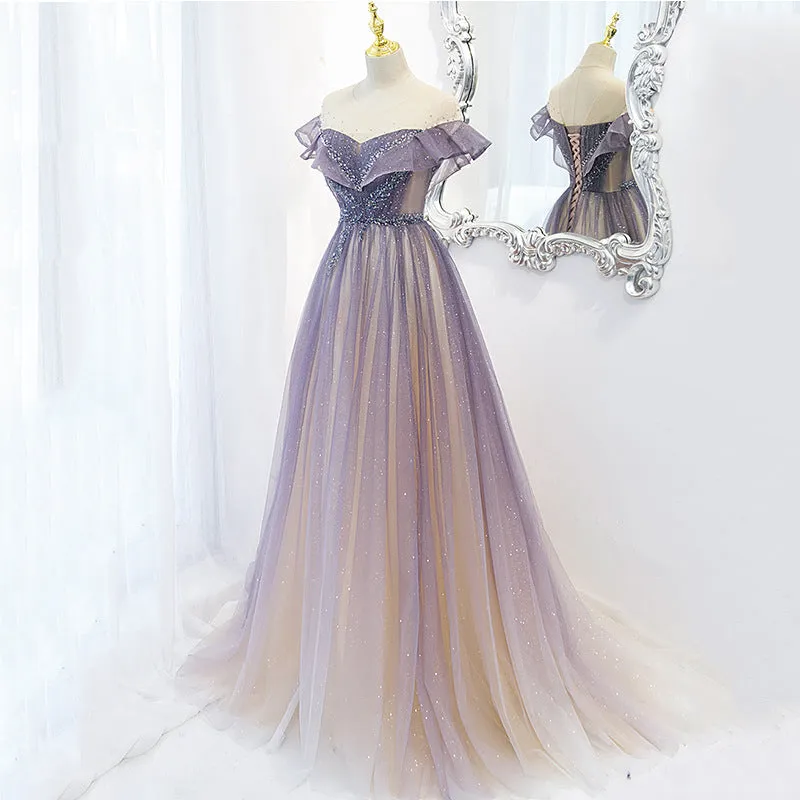 Light Purple Shiny Tulle Gradient A-line Sweetheart Prom Dress, Long Tulle Formal Dress