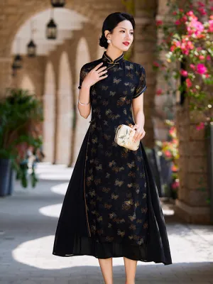 Loose-Fit Improved Black Butterfly Printed Qipao Cheongsam Dress for Women