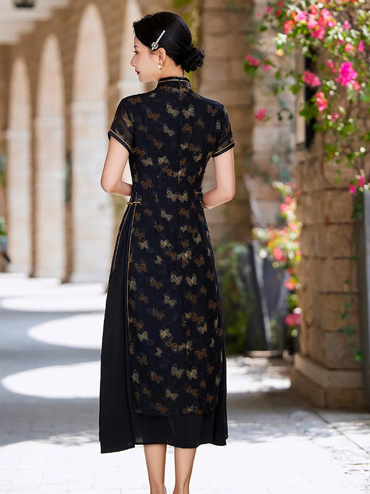 Loose-Fit Improved Black Butterfly Printed Qipao Cheongsam Dress for Women