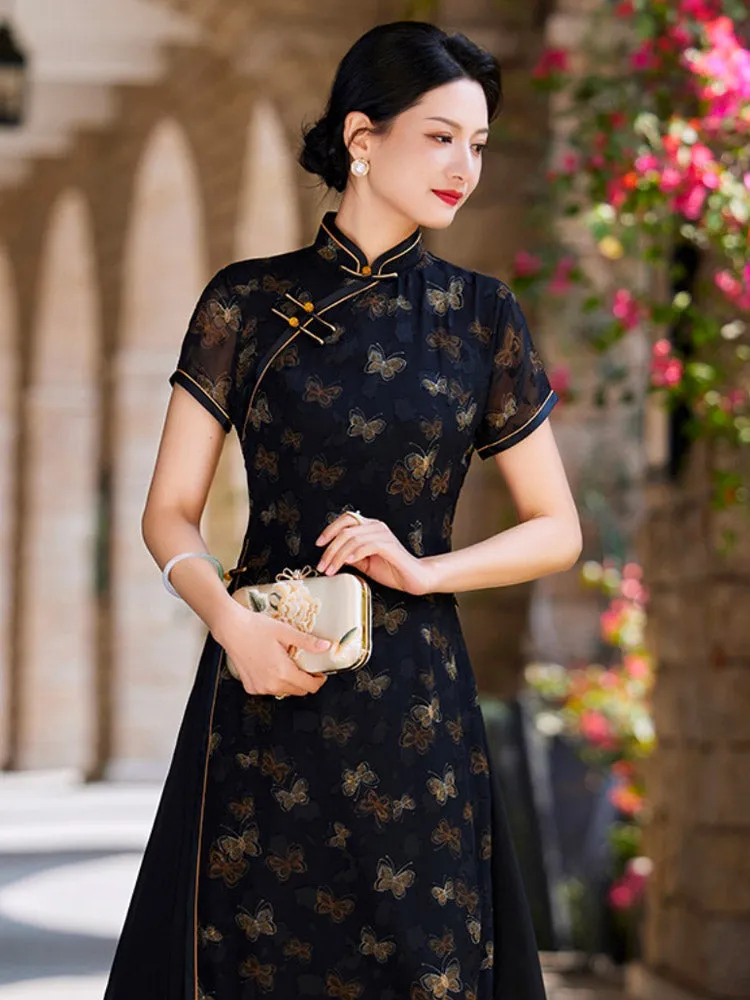 Loose-Fit Improved Black Butterfly Printed Qipao Cheongsam Dress for Women