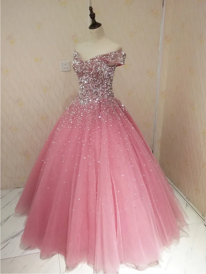 Lovely Pink Tulle Off Shoulder Sweet 16 Party Dress, Long Formal Gown