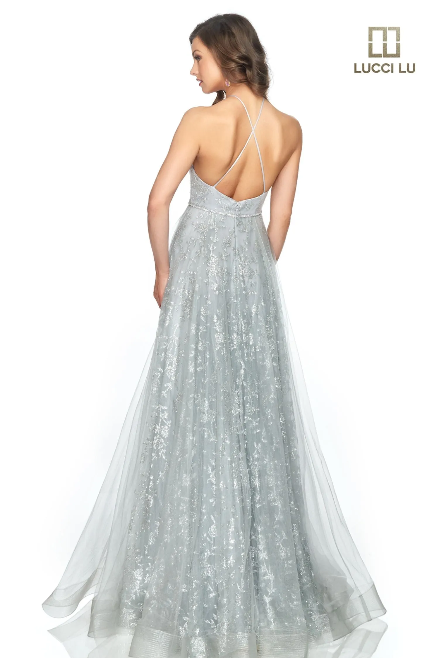 Lucci Lu 28801 Silver Halter A-Line Tulle Dress