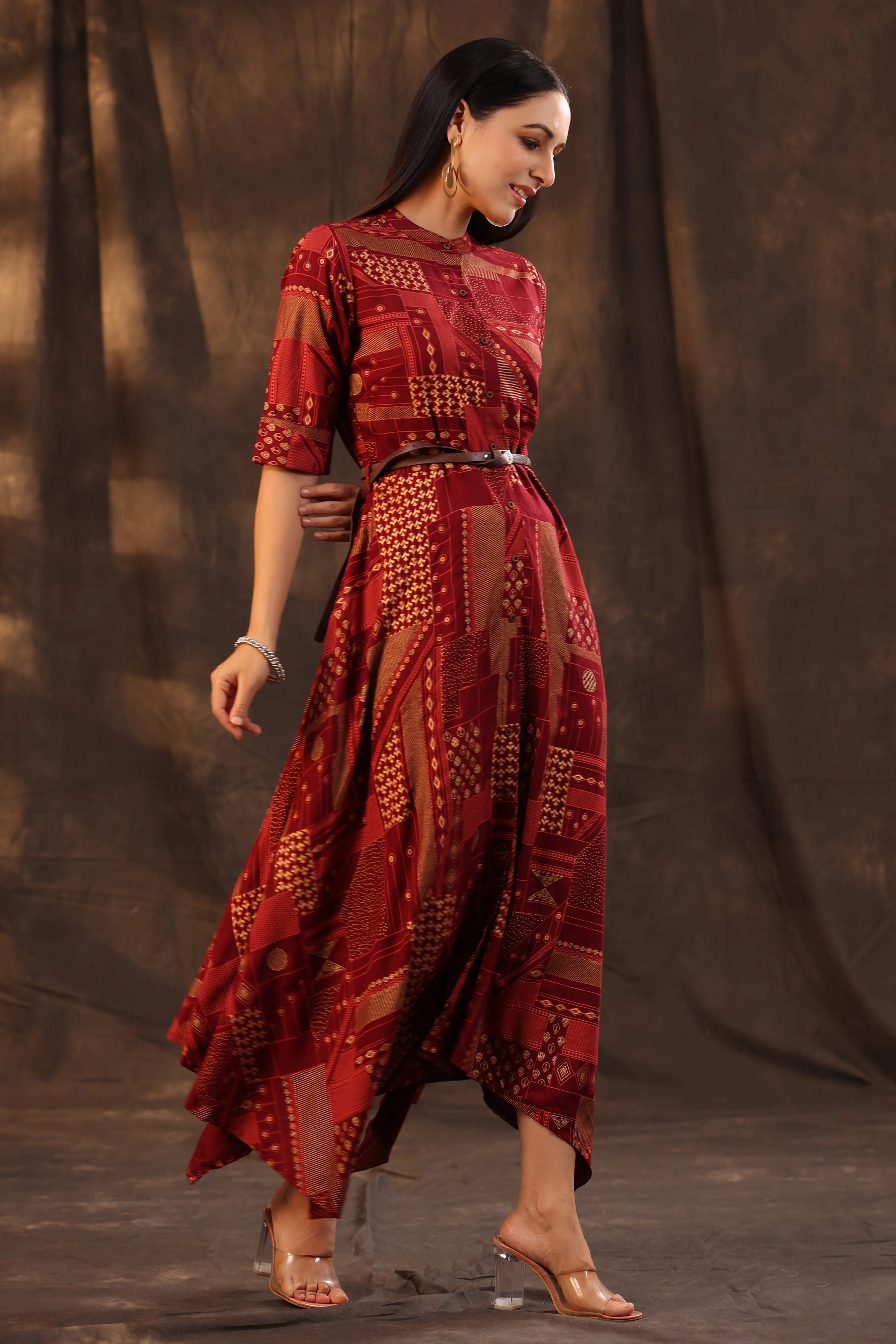 Maroon Rayon Printed Asymmetric Dress