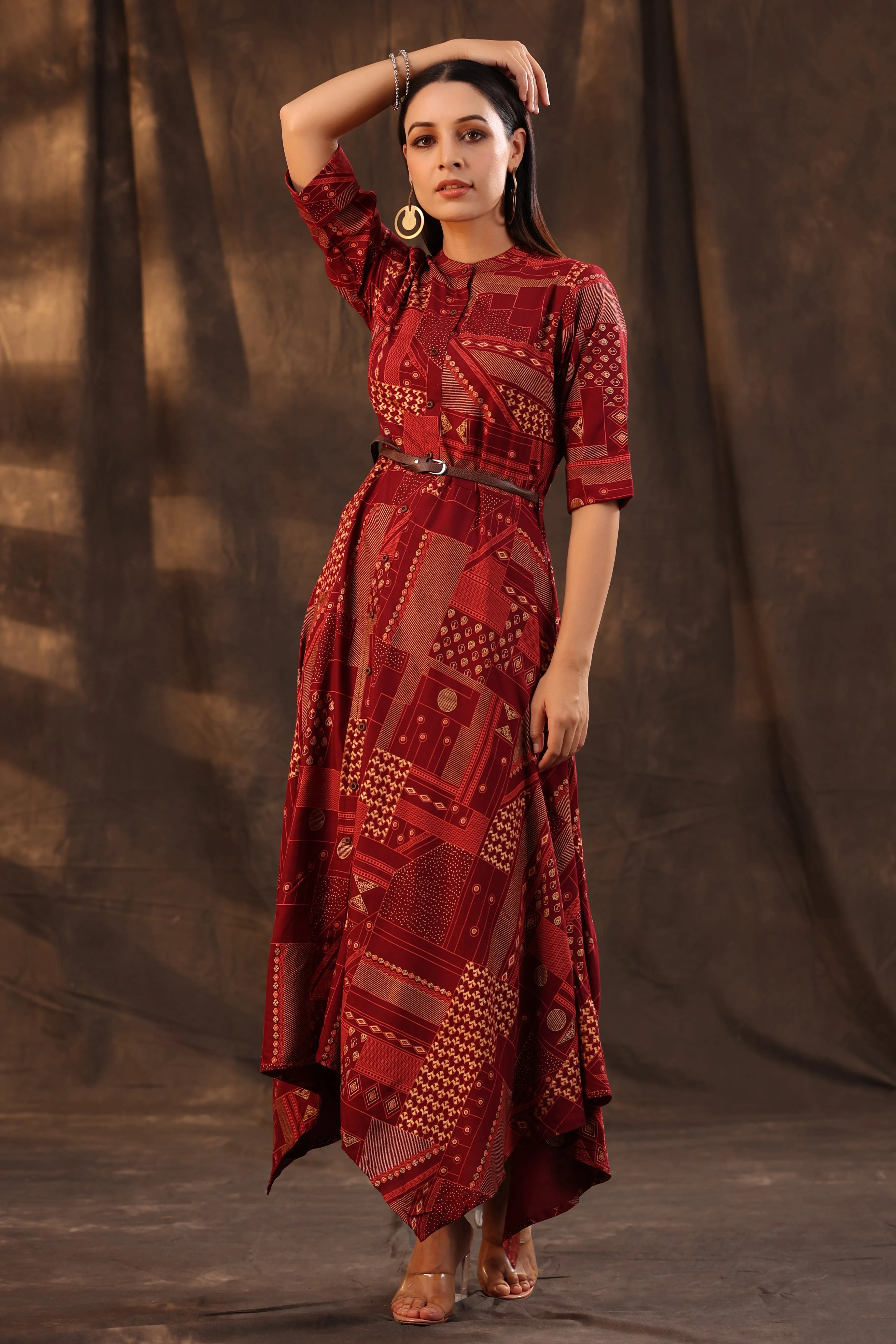 Maroon Rayon Printed Asymmetric Dress