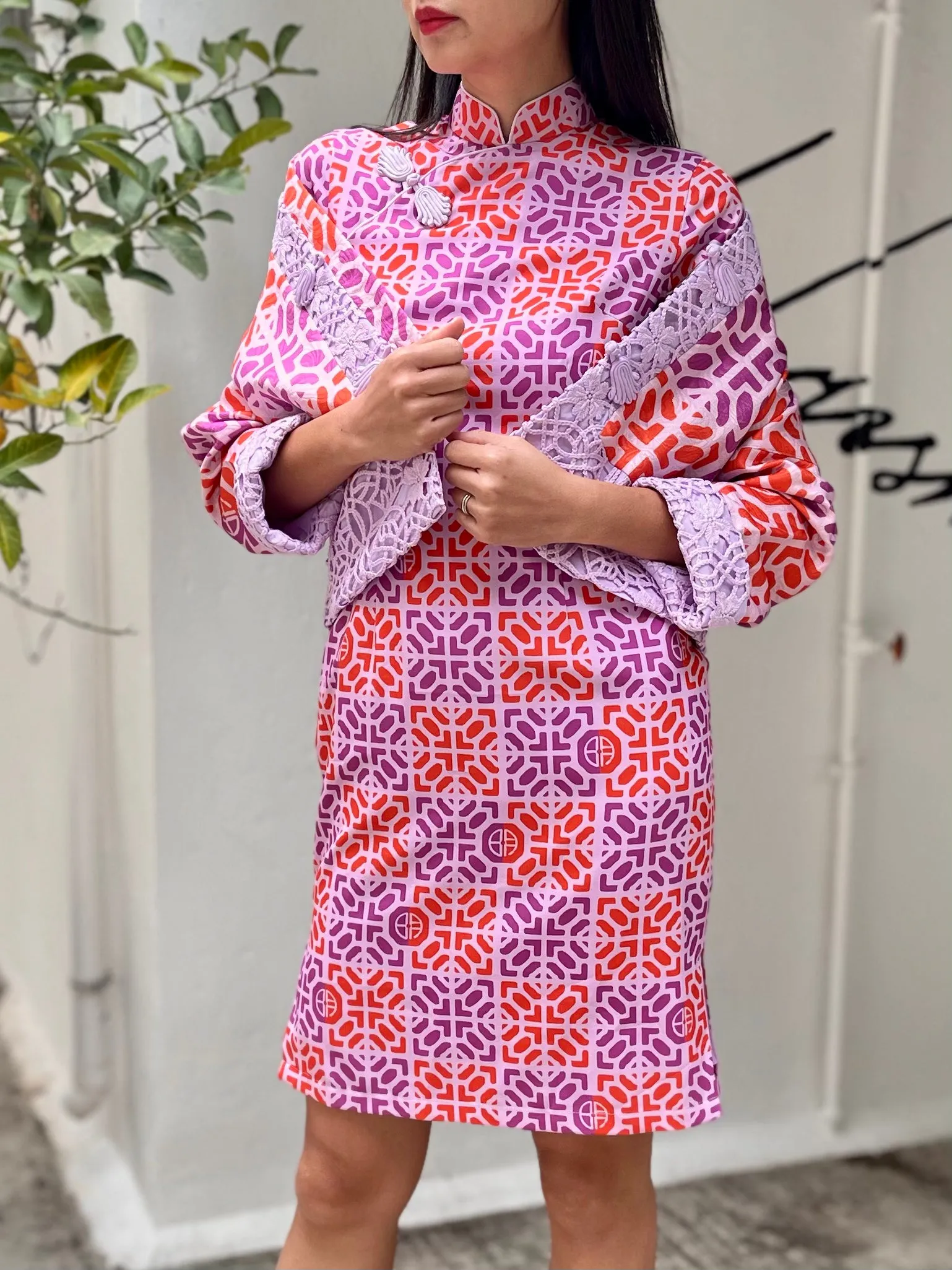 MARY Signature Print Cheongsam (Purple/Orange)