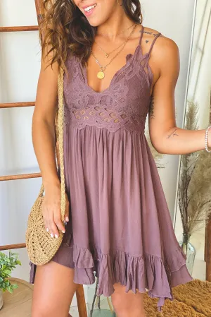 Mocha Crochet Top Short Dress with Criss Cross Back