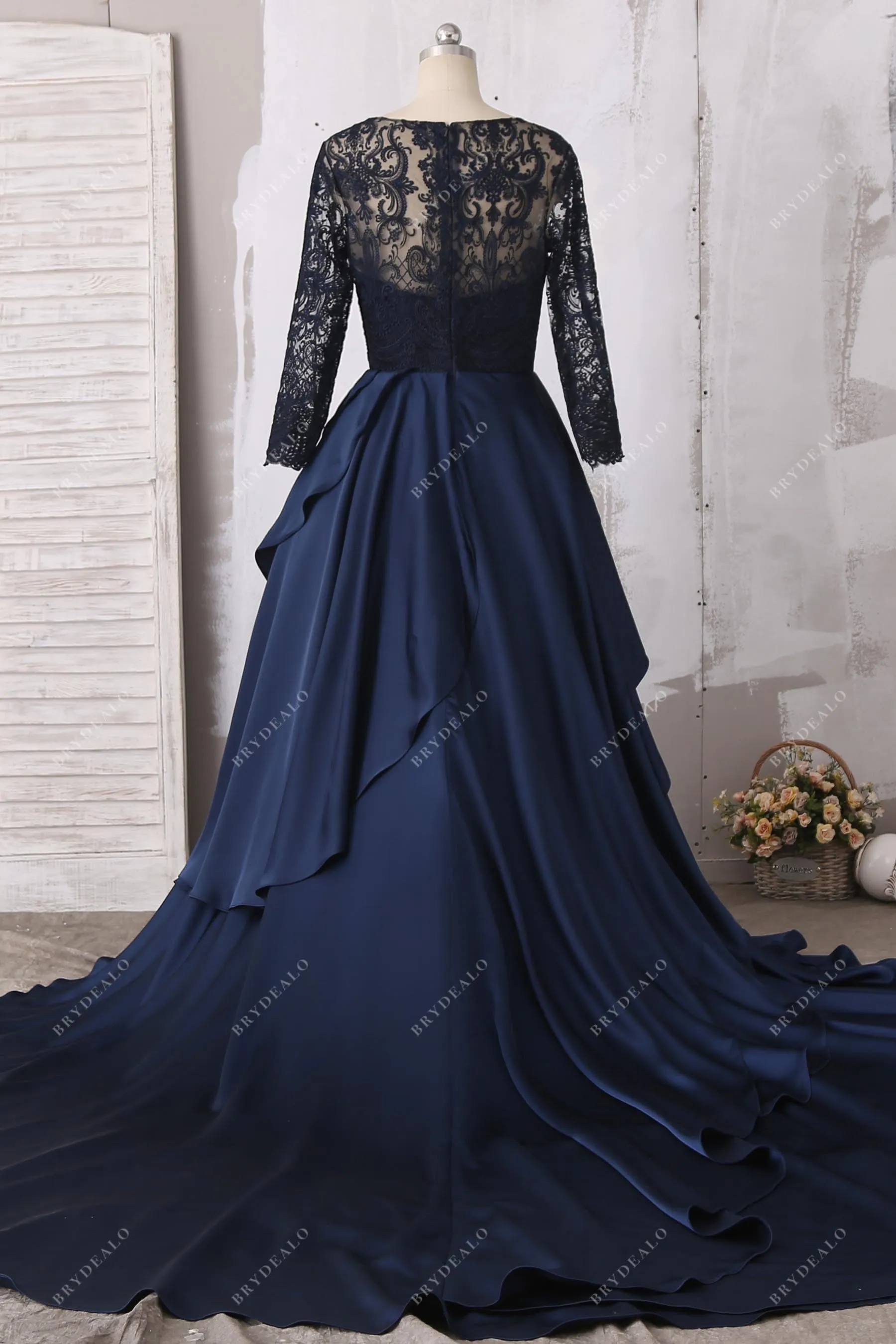 Navy Illusion Lace Satin Charming Long Sleeve Wedding Ball Gown