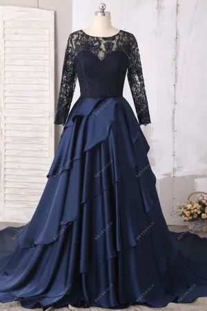 Navy Illusion Lace Satin Charming Long Sleeve Wedding Ball Gown