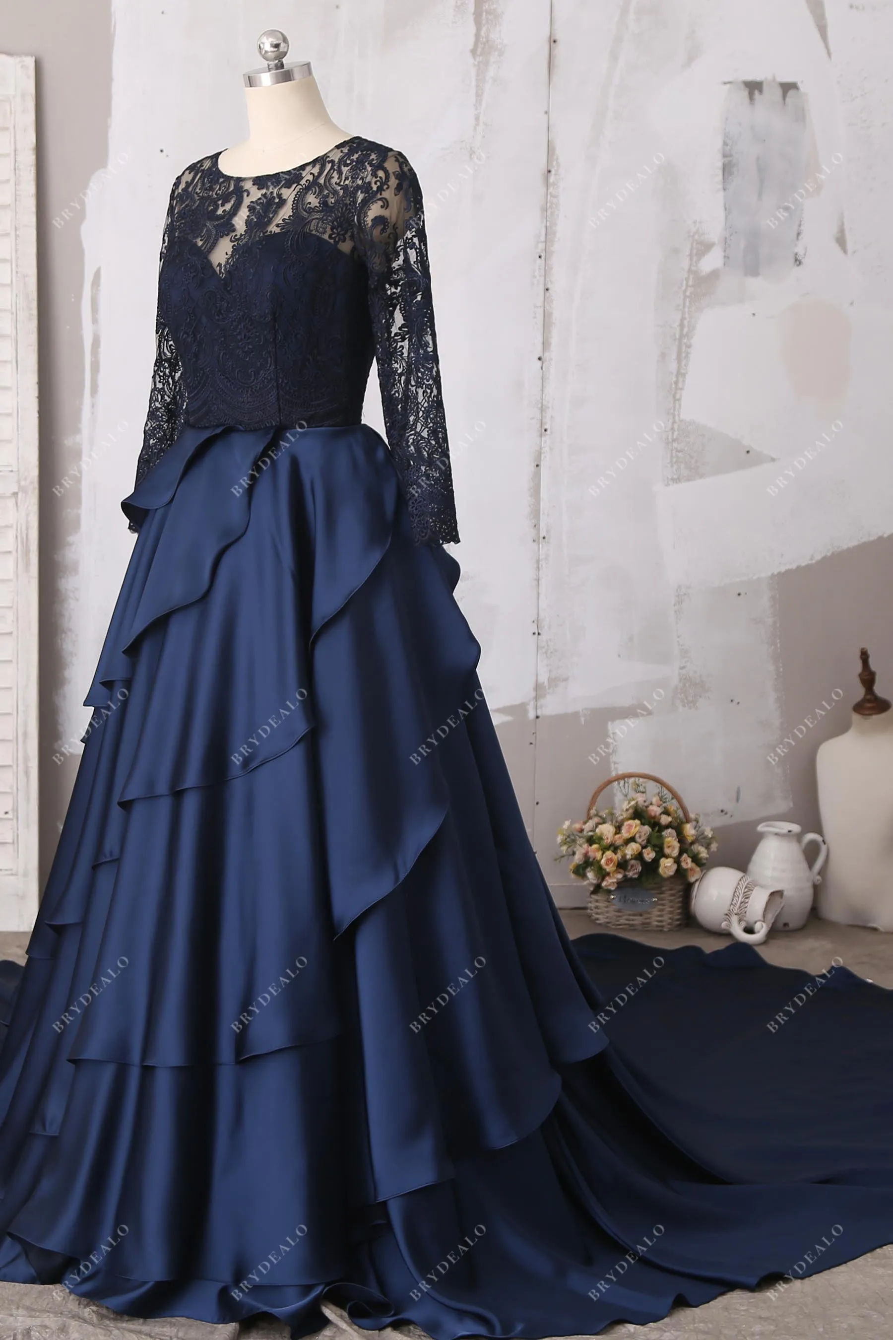 Navy Illusion Lace Satin Charming Long Sleeve Wedding Ball Gown