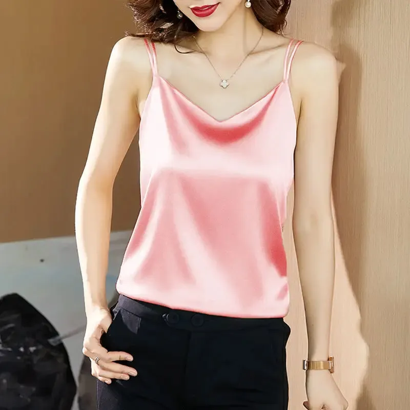 New Fashion Satin Camisole Women's Tank Top Inner With White Bottoming Basic Silk Top Summer Solid Strap V-neck Sleeveless Vest