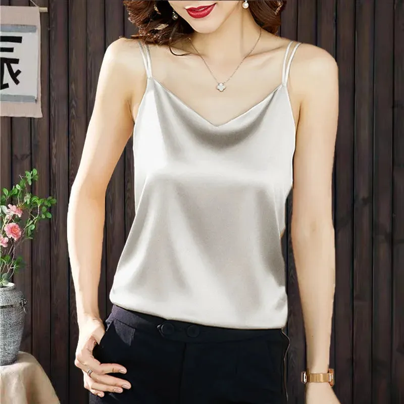 New Fashion Satin Camisole Women's Tank Top Inner With White Bottoming Basic Silk Top Summer Solid Strap V-neck Sleeveless Vest