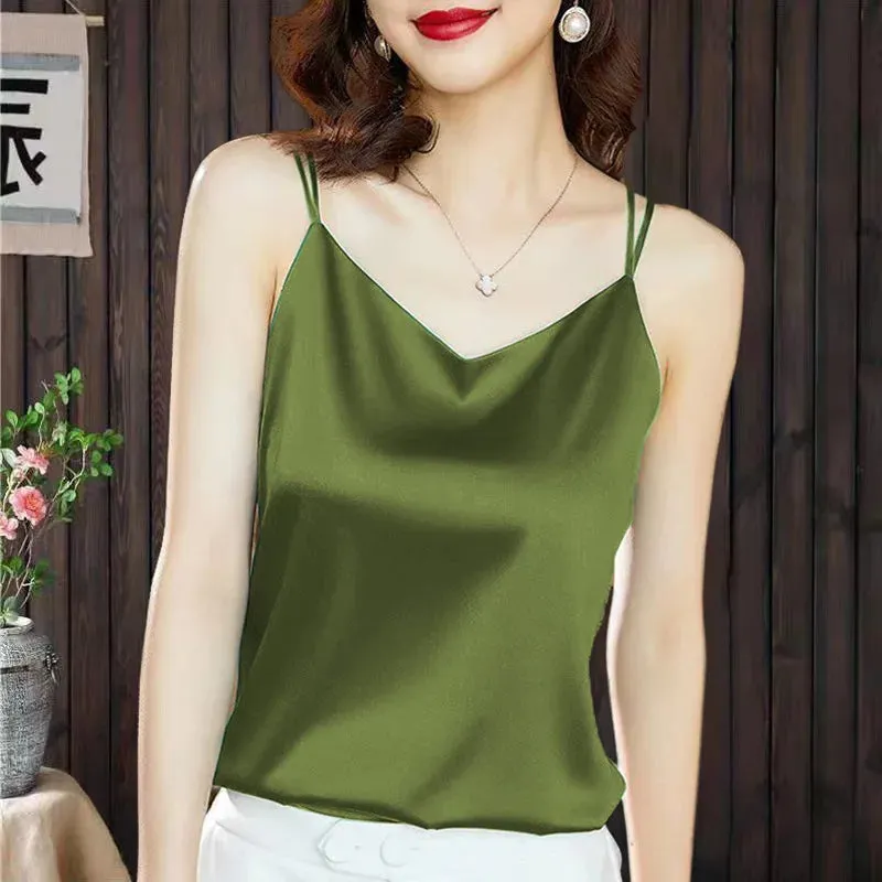 New Fashion Satin Camisole Women's Tank Top Inner With White Bottoming Basic Silk Top Summer Solid Strap V-neck Sleeveless Vest