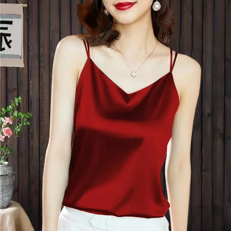 New Fashion Satin Camisole Women's Tank Top Inner With White Bottoming Basic Silk Top Summer Solid Strap V-neck Sleeveless Vest