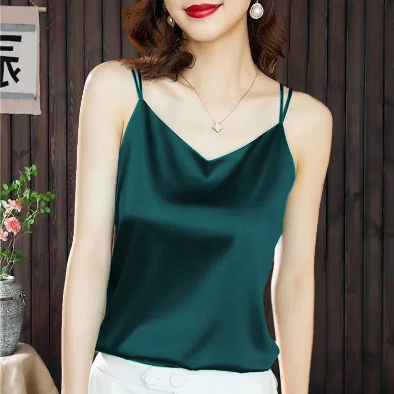 New Fashion Satin Camisole Women's Tank Top Inner With White Bottoming Basic Silk Top Summer Solid Strap V-neck Sleeveless Vest