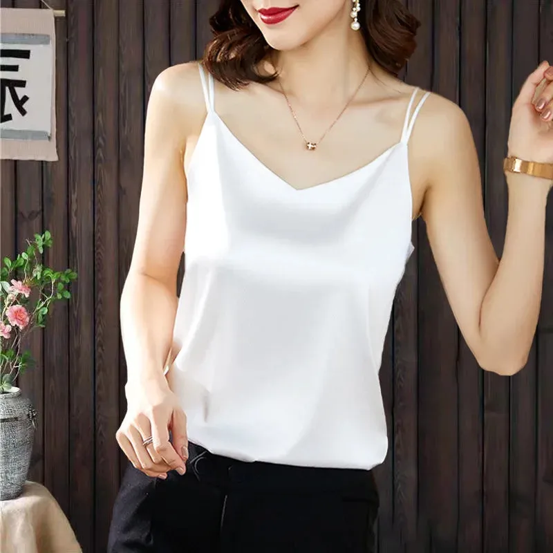 New Fashion Satin Camisole Women's Tank Top Inner With White Bottoming Basic Silk Top Summer Solid Strap V-neck Sleeveless Vest