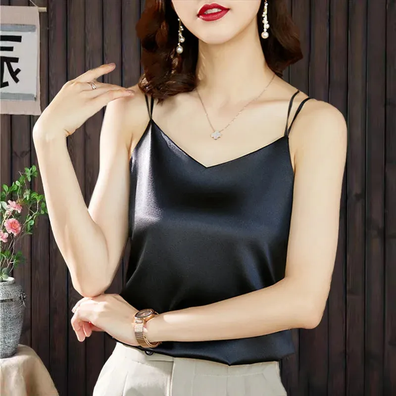 New Fashion Satin Camisole Women's Tank Top Inner With White Bottoming Basic Silk Top Summer Solid Strap V-neck Sleeveless Vest