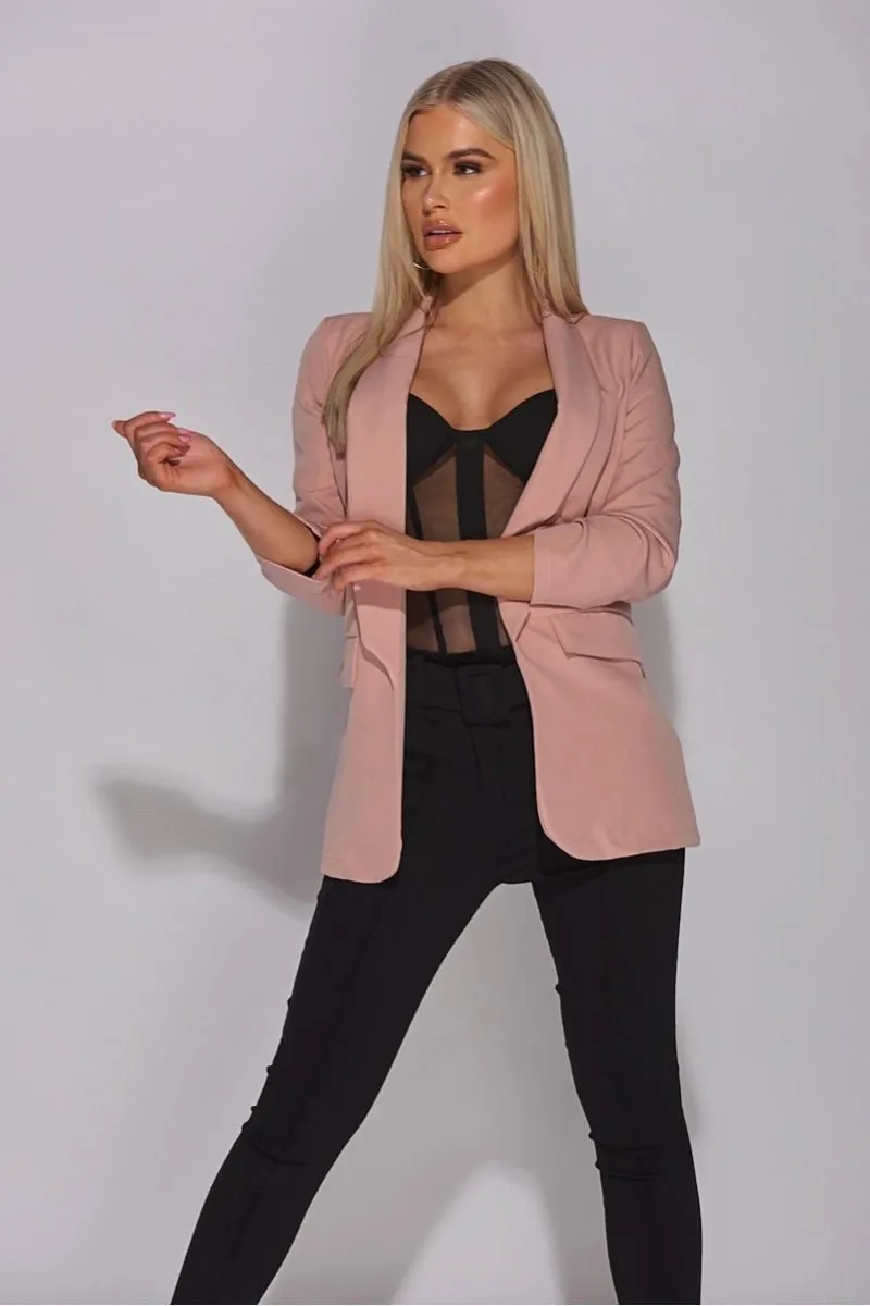 Nude Lapel Detail Ruched Sleeve Blazer