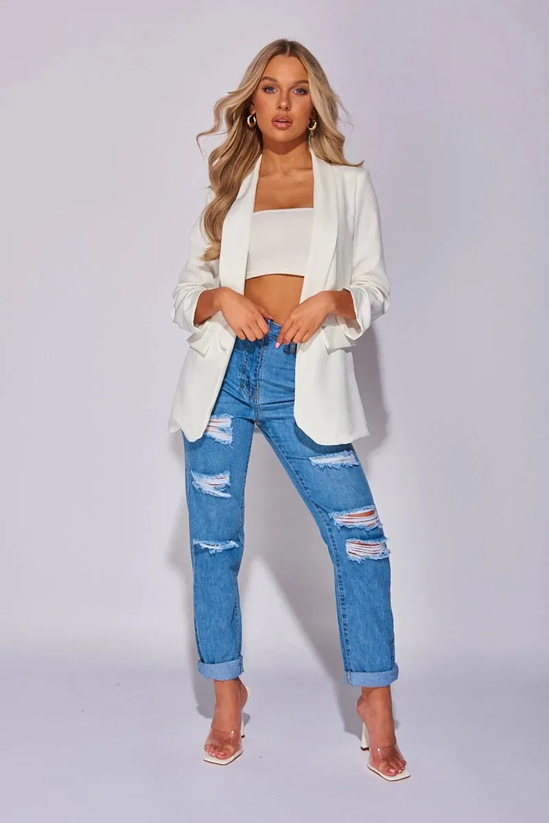 Off White Ruched Sleeve Blazer