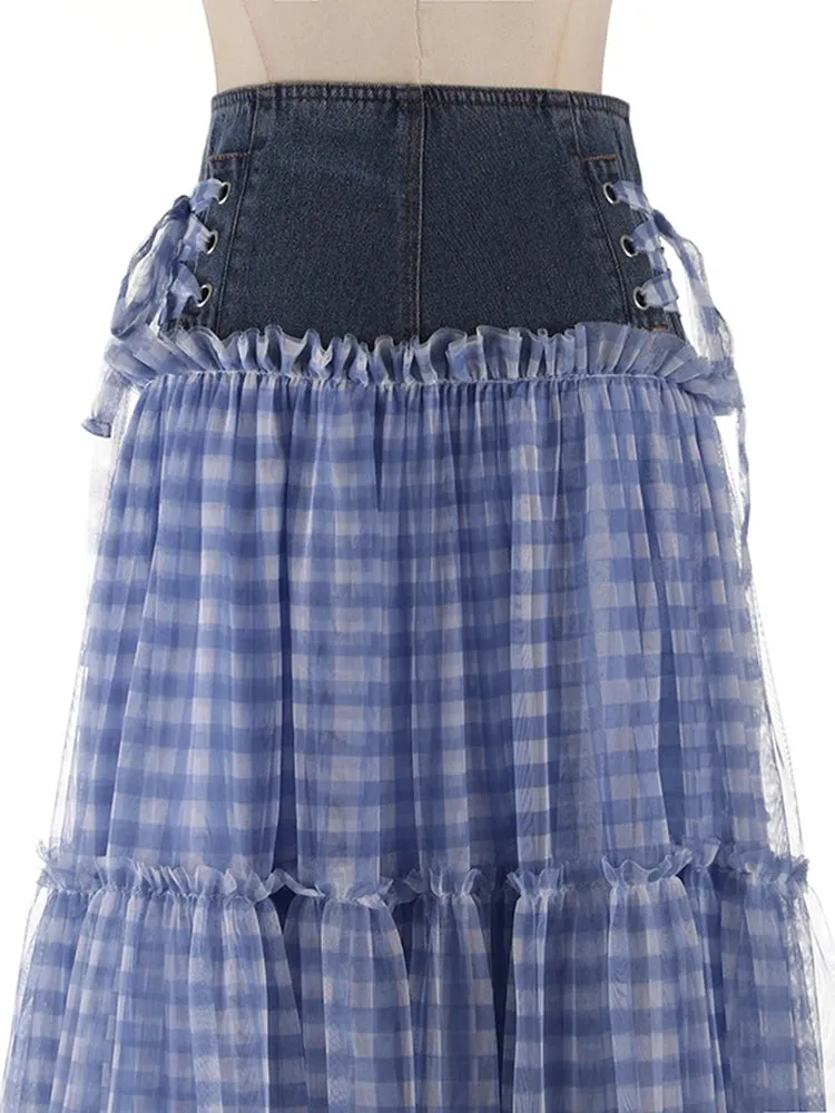 Patchwork Denim Skirts For Women High Waist Folds A Line Plaid Temperament Summer Skirt Female Fashion Clothing