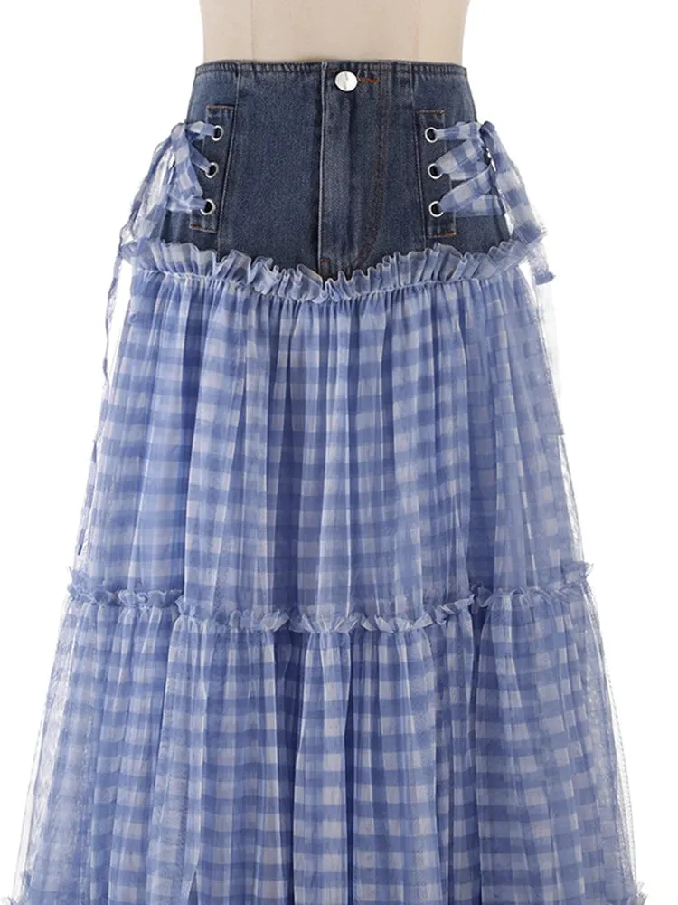 Patchwork Denim Skirts For Women High Waist Folds A Line Plaid Temperament Summer Skirt Female Fashion Clothing