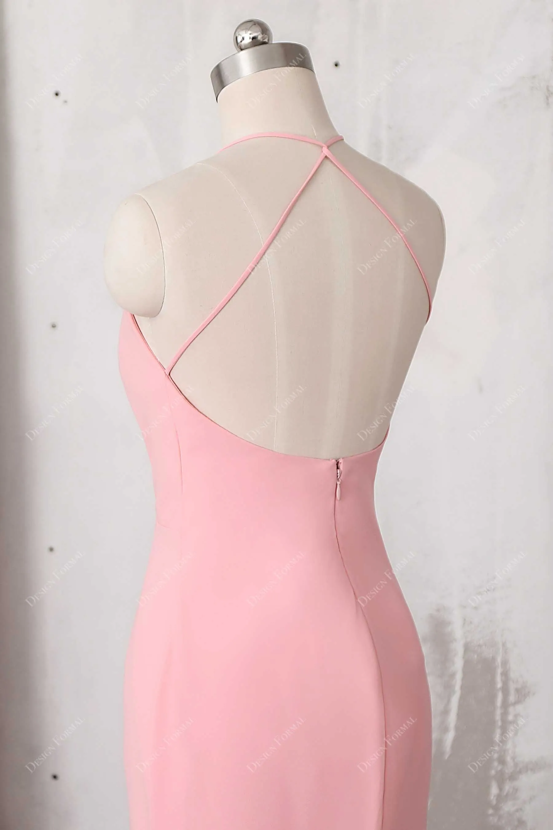 Pink Stretchy Crepe Thin Straps Mermaid Dress