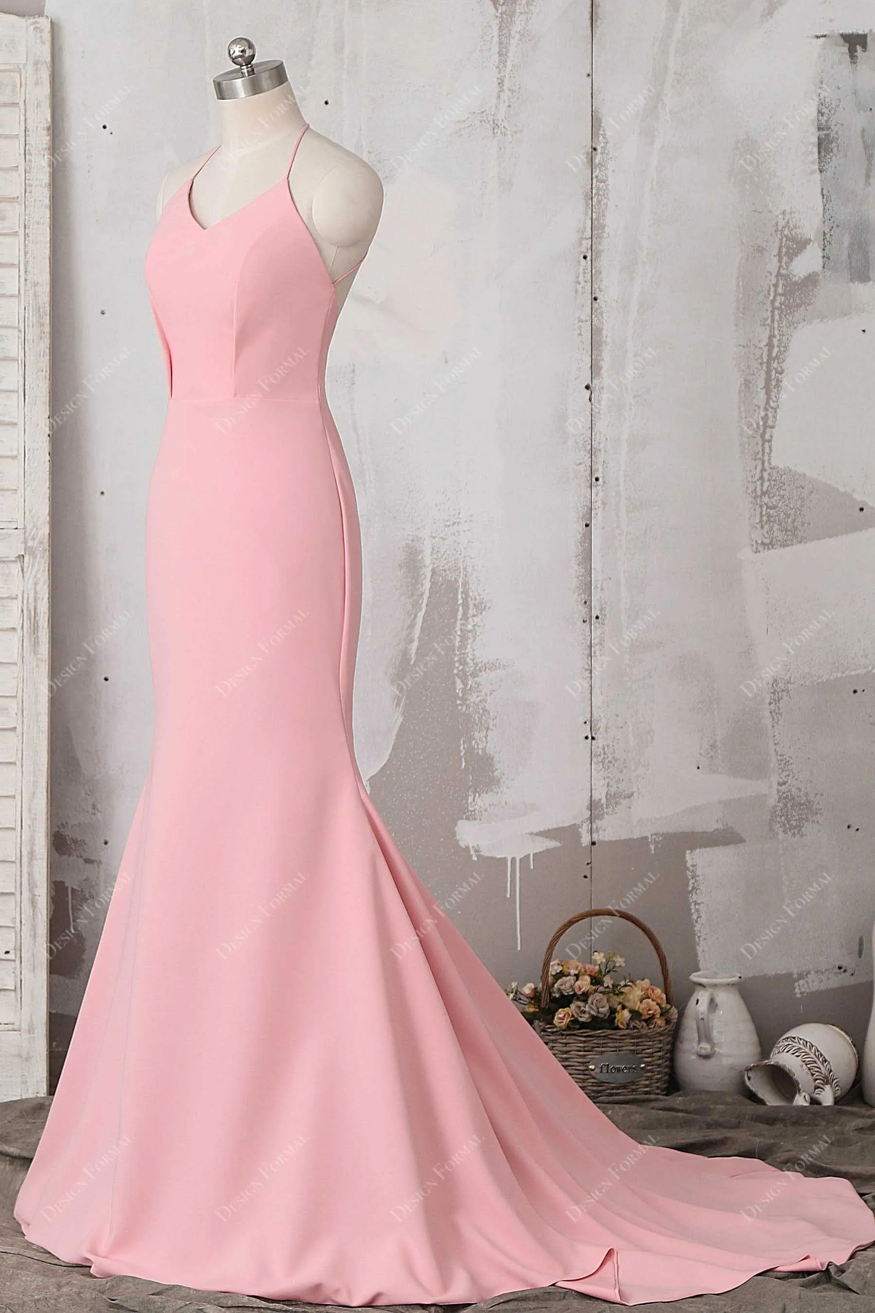 Pink Stretchy Crepe Thin Straps Mermaid Dress