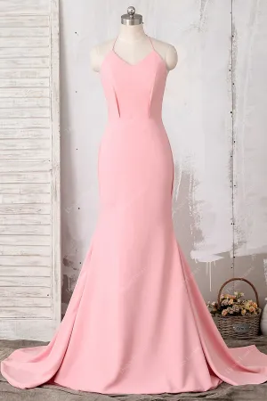 Pink Stretchy Crepe Thin Straps Mermaid Dress