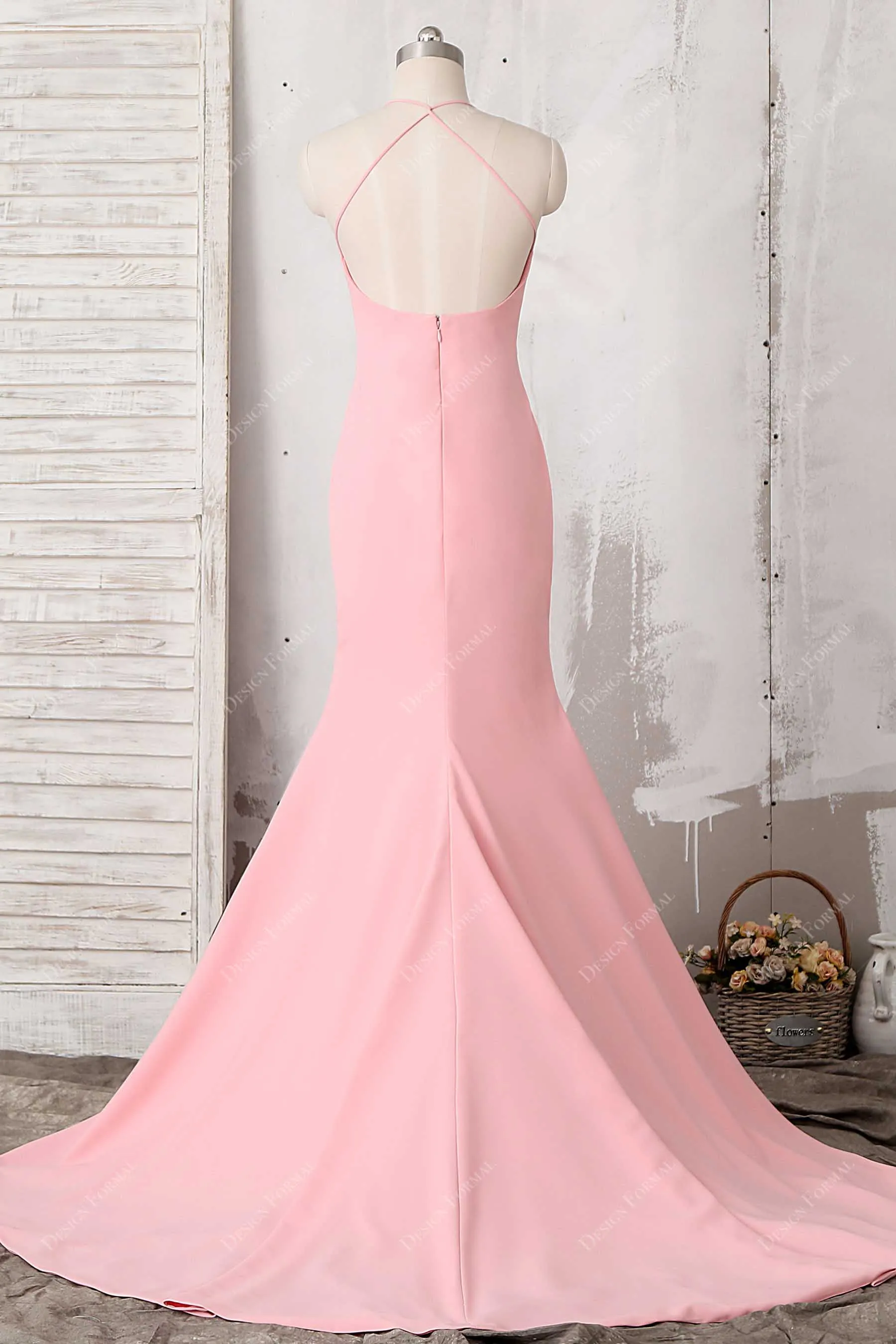 Pink Stretchy Crepe Thin Straps Mermaid Dress