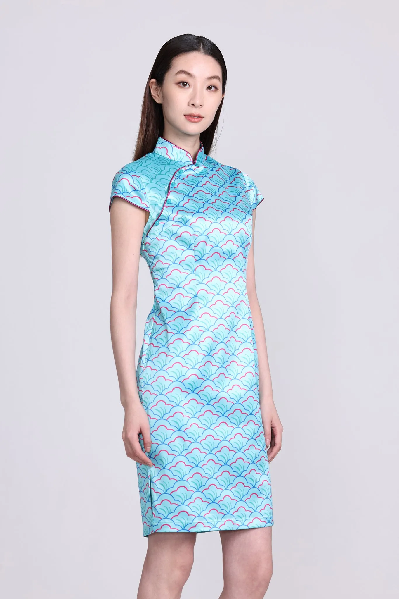 POLLY Fan Print Satin Cheongsam (Aqua)