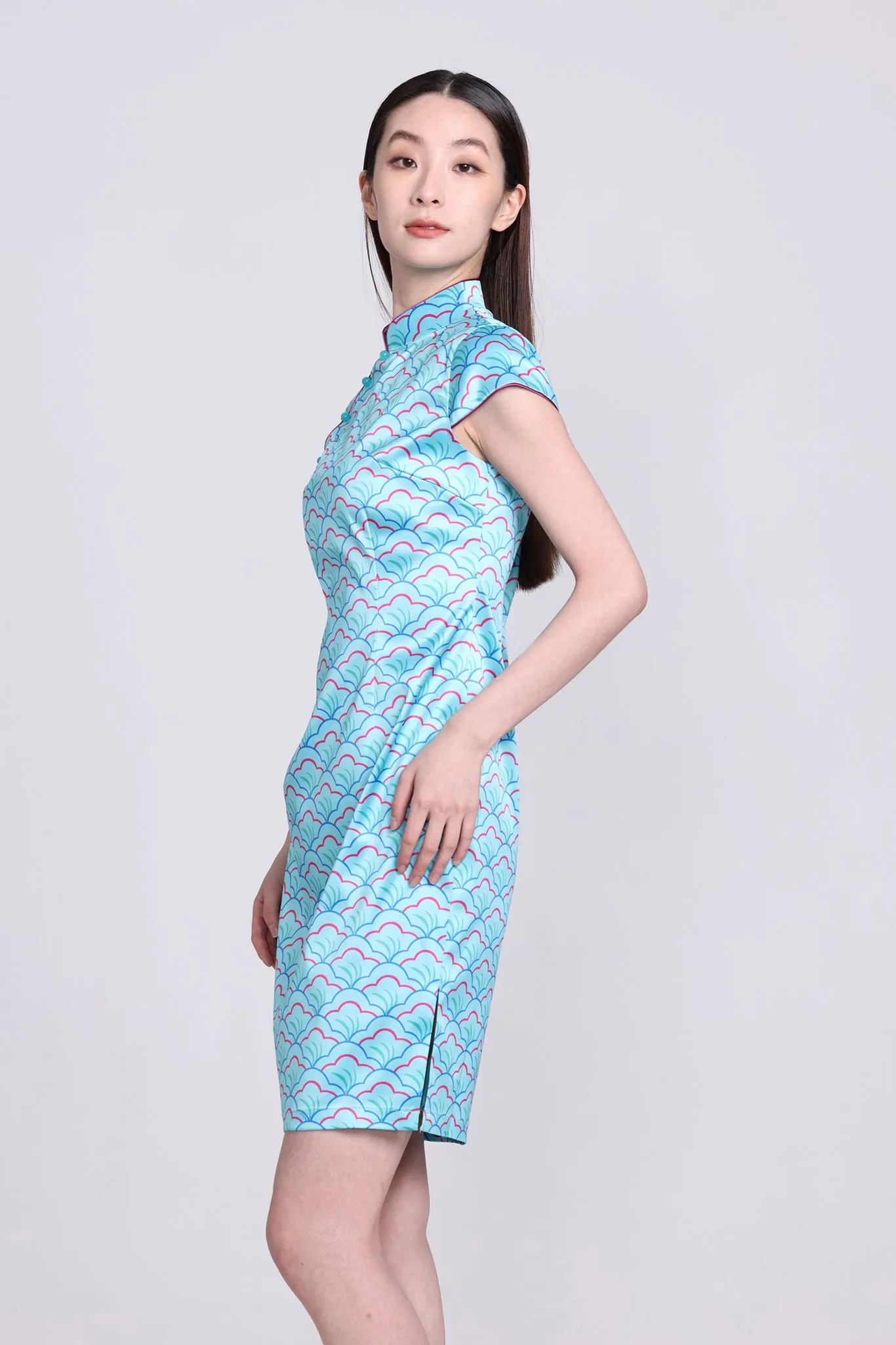 POLLY Fan Print Satin Cheongsam (Aqua)