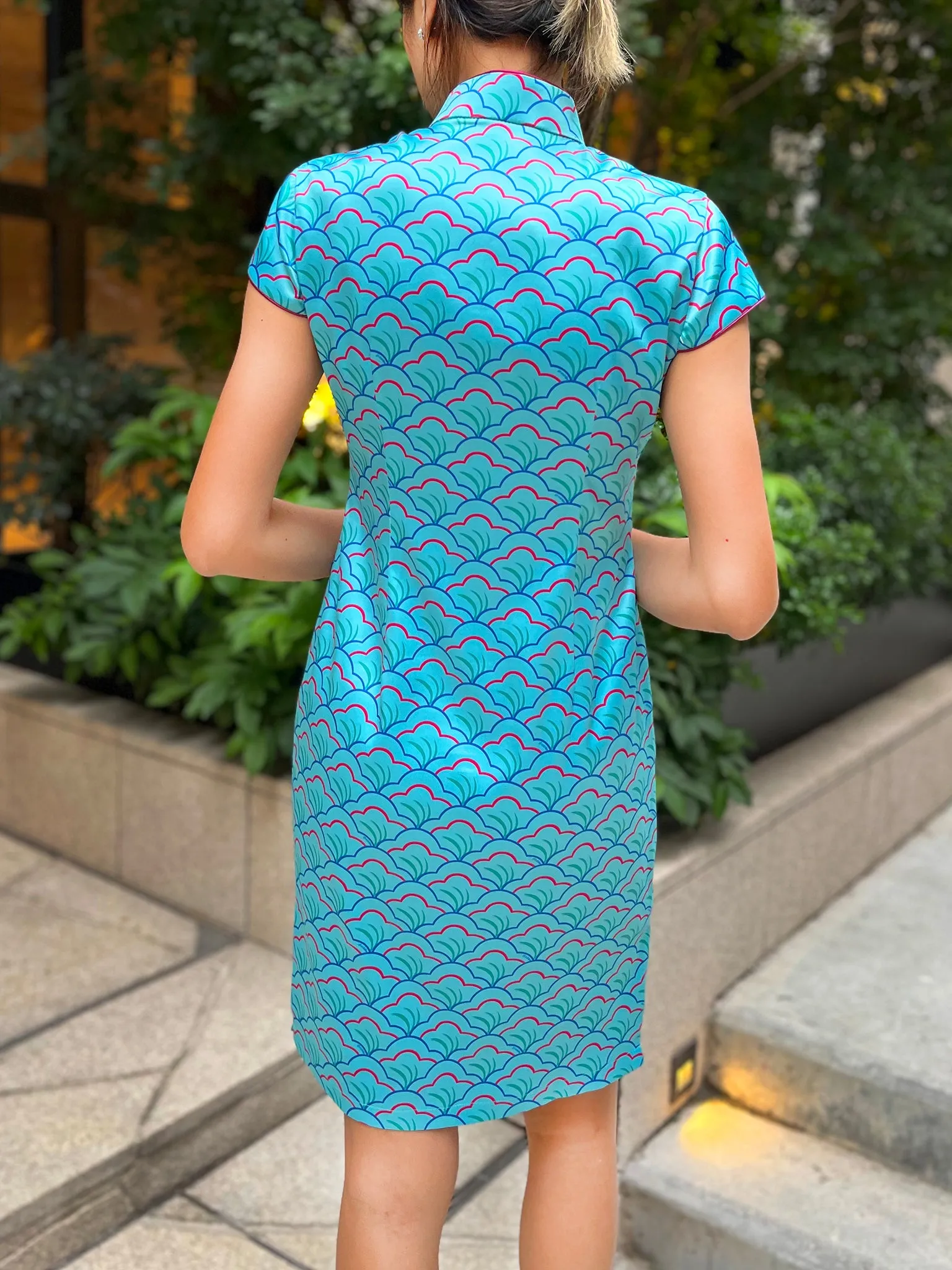 POLLY Fan Print Satin Cheongsam (Aqua)