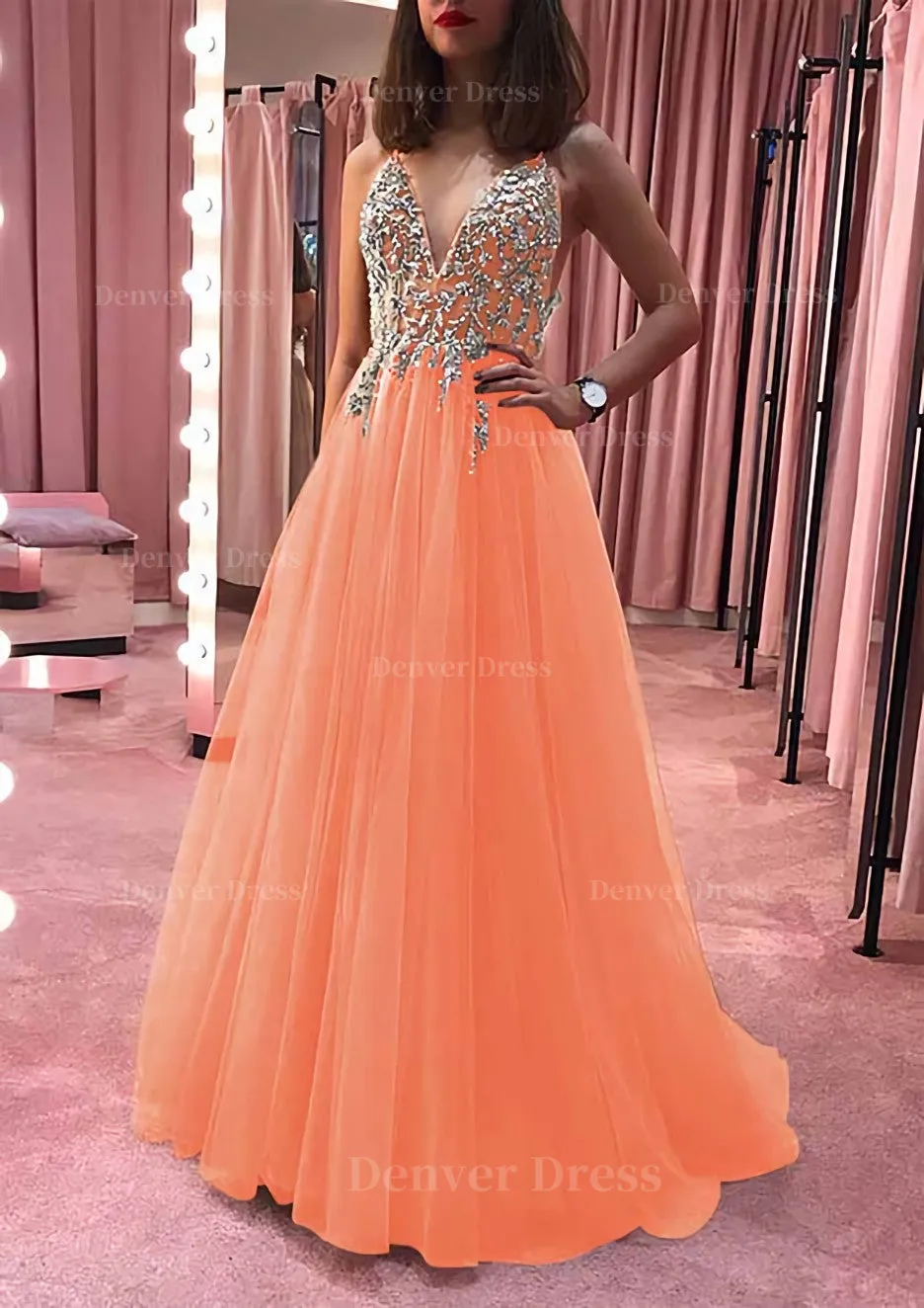 Princess V Neck Court Train Tulle Prom Dress With Appliqued Beading