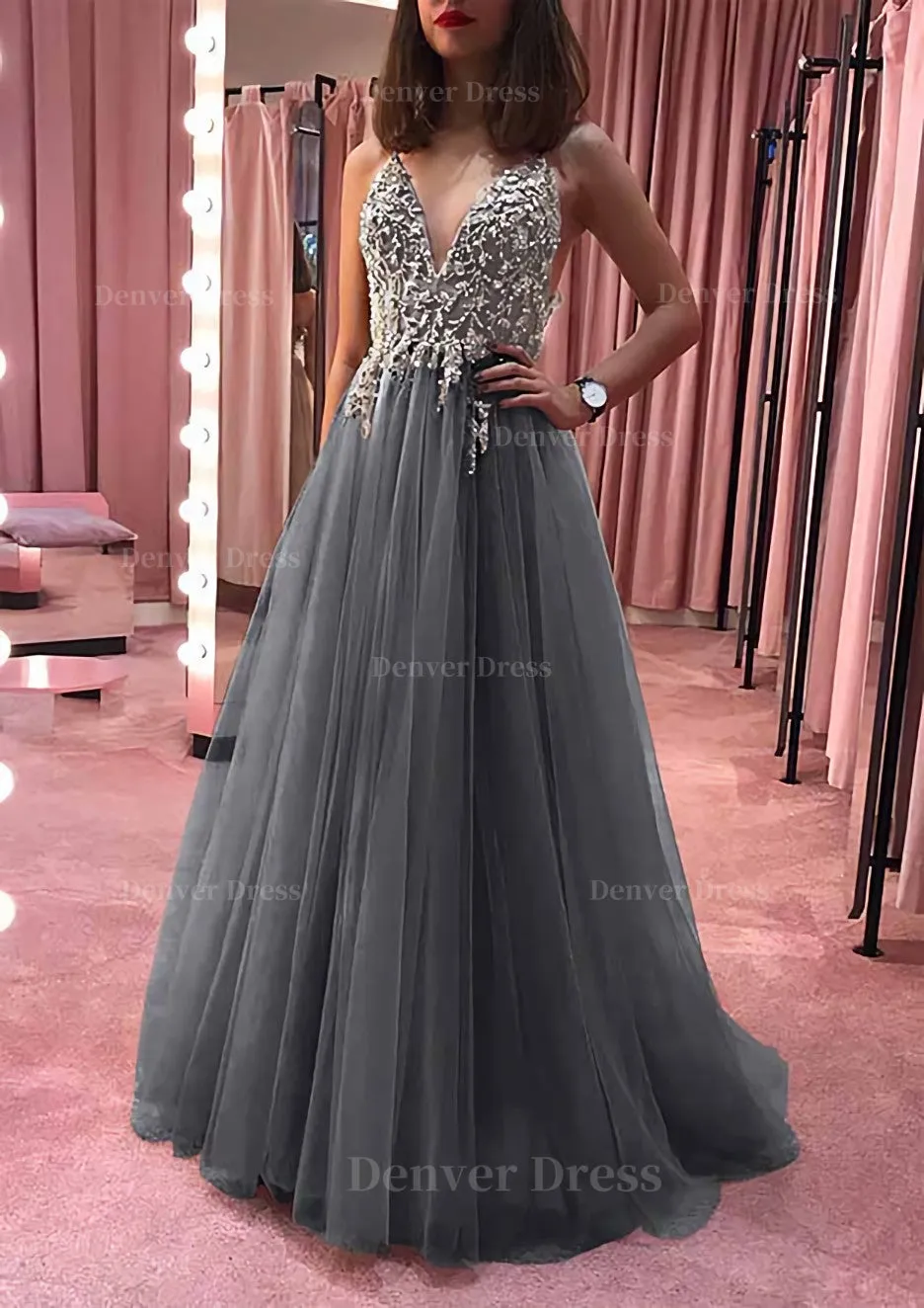 Princess V Neck Court Train Tulle Prom Dress With Appliqued Beading