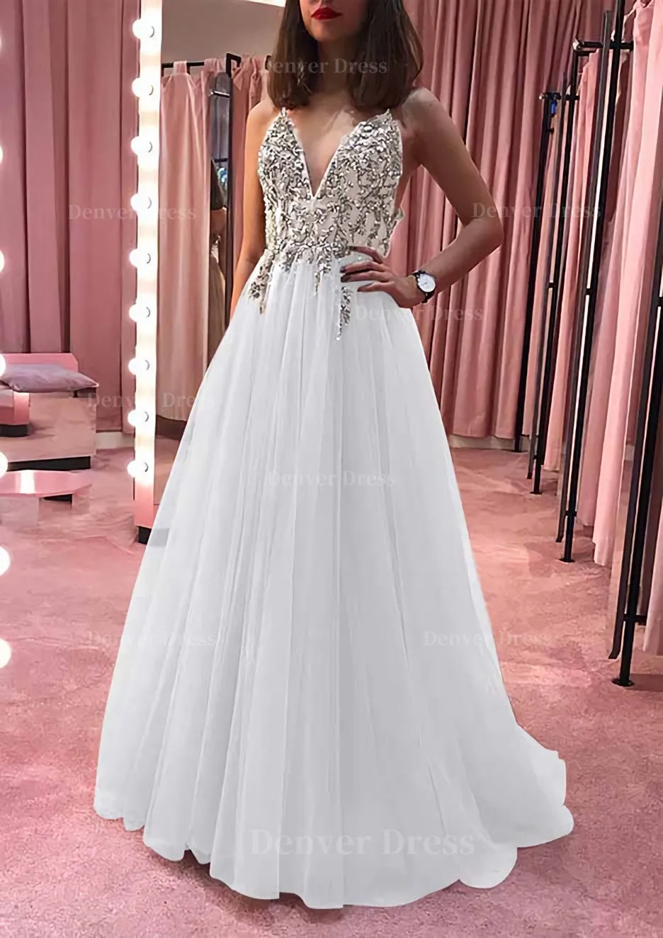 Princess V Neck Court Train Tulle Prom Dress With Appliqued Beading